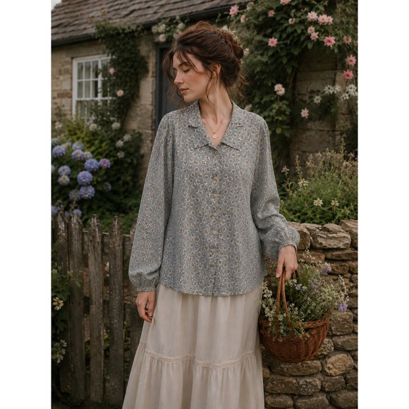 Flax Tops - FLAX Medium Button Down Shirt Floral Relaxed Long Sleeve Cottagecore Prairie